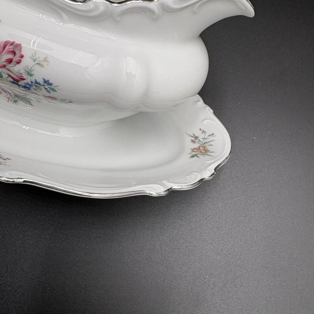 Crown Bavaria Germany Gravy Boat  Bowl Attached Platter Ladle Bouquet Floral Vtg